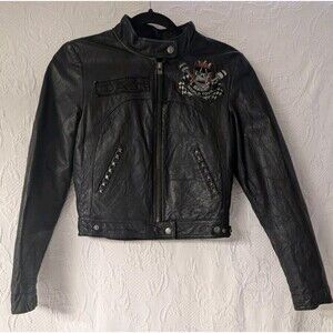 Ed Hardy by Christian Audigier Women's S Black Leather Jacket World Tour Skull